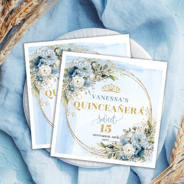 Bohemian Blue Watercolor Flowers Quinceañera Napkins (Bohemian Blue Watercolor Flowers Quinceañera)