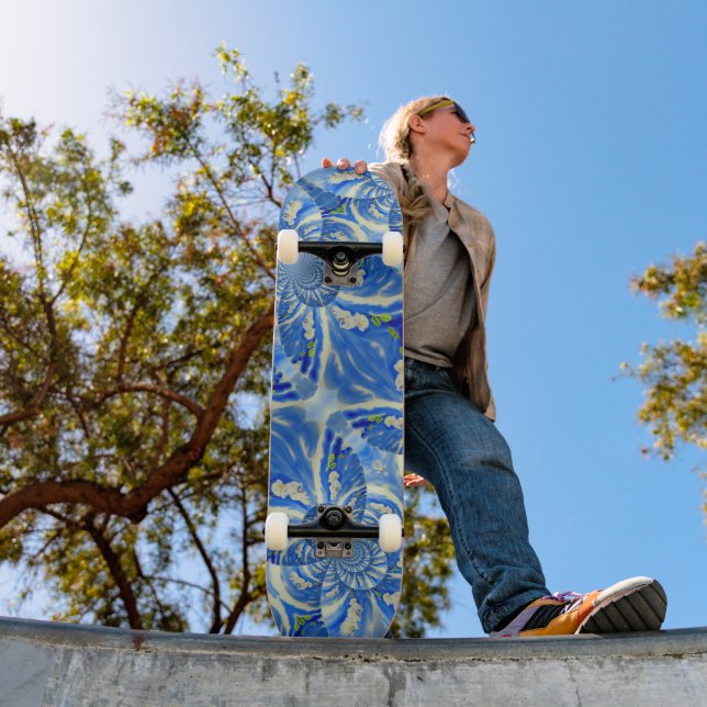 Bohemian blue white mandala floral  skateboard (Outdoor 1)