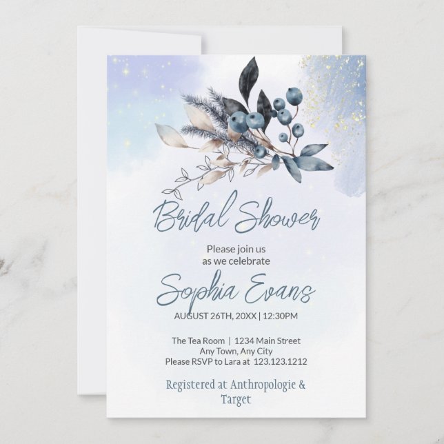 Bohemian Blueberries & Greenery Blue Bridal Shower Invitation (Front)
