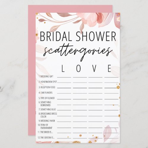 Bohemian Blush Bridal Shower Scattergories Game 