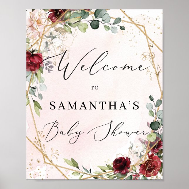 Bohemian blush burgundy Baby Shower Welcome Sign (Front)