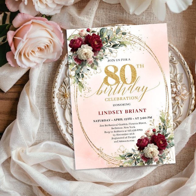 Bohemian Blush Burgundy Flowers 80th Birthday  Invitation (Bohemian Blush Burgundy Flowers 80th Birthday Invite)