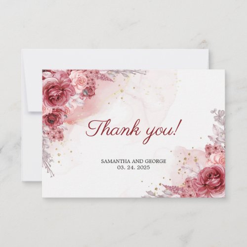 Bohemian Blush Burgundy Roses Faux Gold Wedding Thank You Card