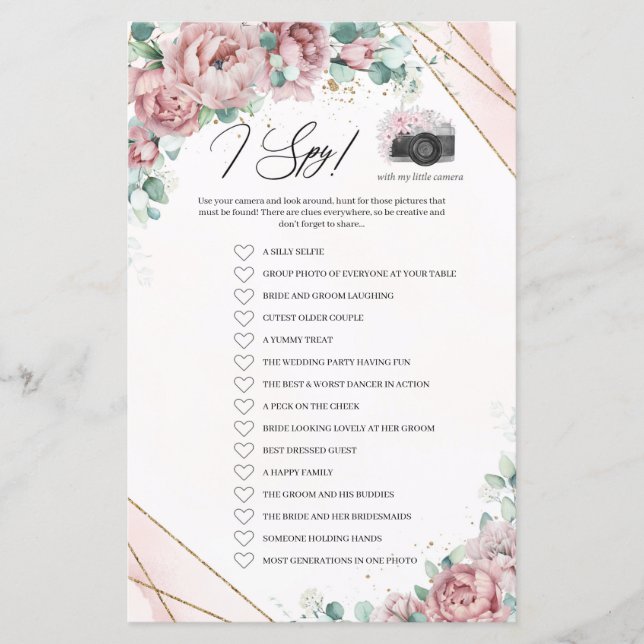 Bohemian blush floral eucalyptus gold frame I Spy (Front)