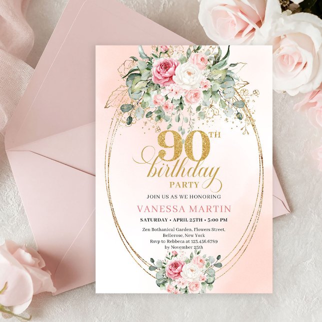 Bohemian Blush Floral Gold Greenery 90th Birthday Invitation (Bohemian Blush Floral Greenery 90th Birthday Invite)