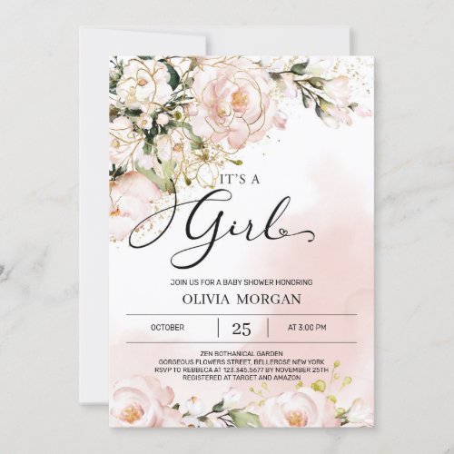 Bohemian blush pink floral and gold glitter baby invitation