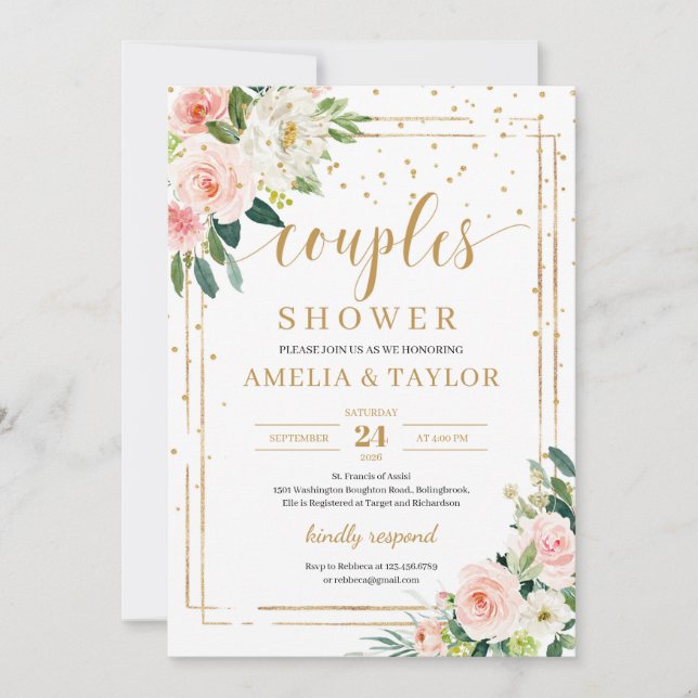 Bohemian blush pink floral gold couples shower invitation (Front)