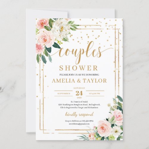 Bohemian blush pink floral gold couples shower invitation