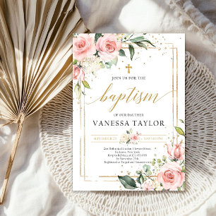 Bohemian blush pink floral gold glitter baptism invitation
