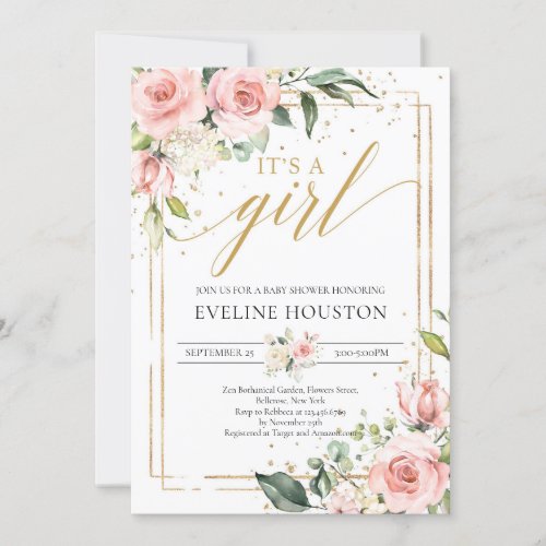 Bohemian blush pink floral gold its a girl baby invitation