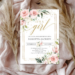 Bohemian blush pink floral gold it's a girl baby invitation