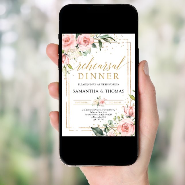 Bohemian blush pink floral gold rehearsal dinner invitation (Front Digital)