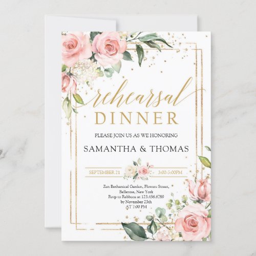 Bohemian blush pink floral gold rehearsal dinner invitation