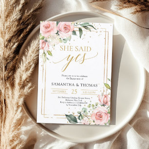 Bohemian blush pink floral gold she said yes invitation