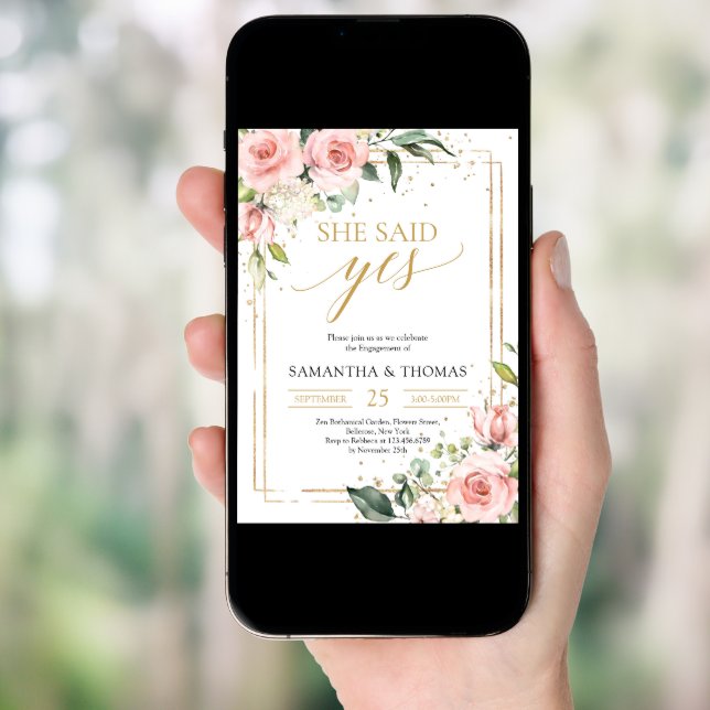 Bohemian blush pink floral gold she said yes invitation (Front Digital)