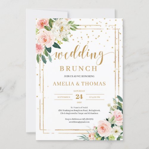 BOhemian blush pink floral gold wedding brunch Invitation