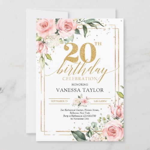 Bohemian blush pink floral green gold 20 birthday invitation