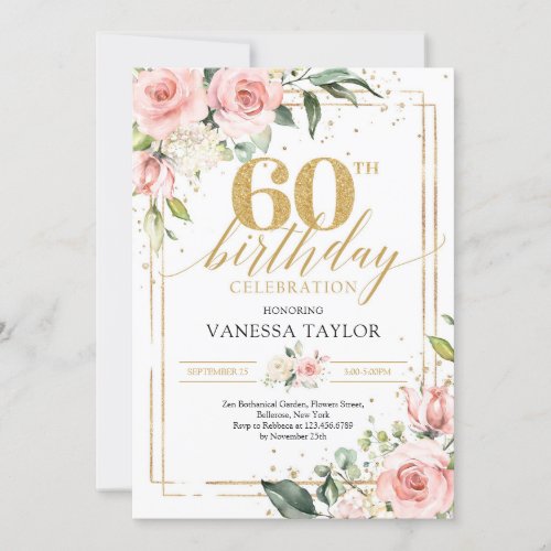 Bohemian blush pink floral greenery  gold 60th in invitation