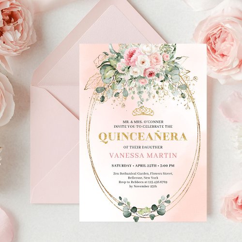 Bohemian Blush Pink Floral Quinceañera Invitation
