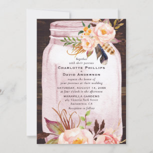 Bohemian Blush Pink Mason Jar Floral Wedding Invitation