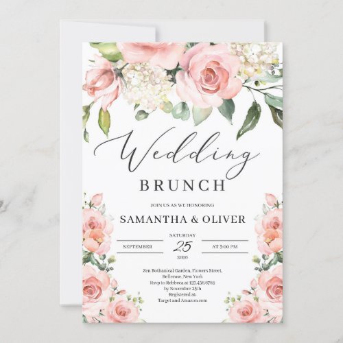 Bohemian blush pink peach floral wedding brunch invitation