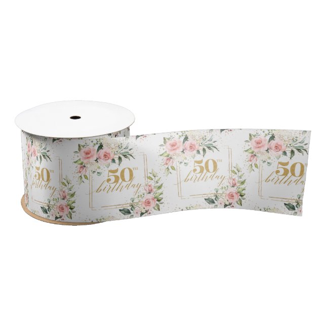 Bohemian Blush roses eucalyptus gold 50th birthday Satin Ribbon (Spool)