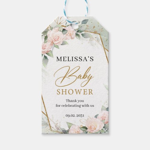 Bohemian blush roses eucalyptus gold Baby Shower Gift Tags