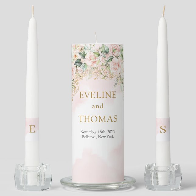 Bohemian  Blush roses eucalyptus gold wedding Unity Candle Set (Front)