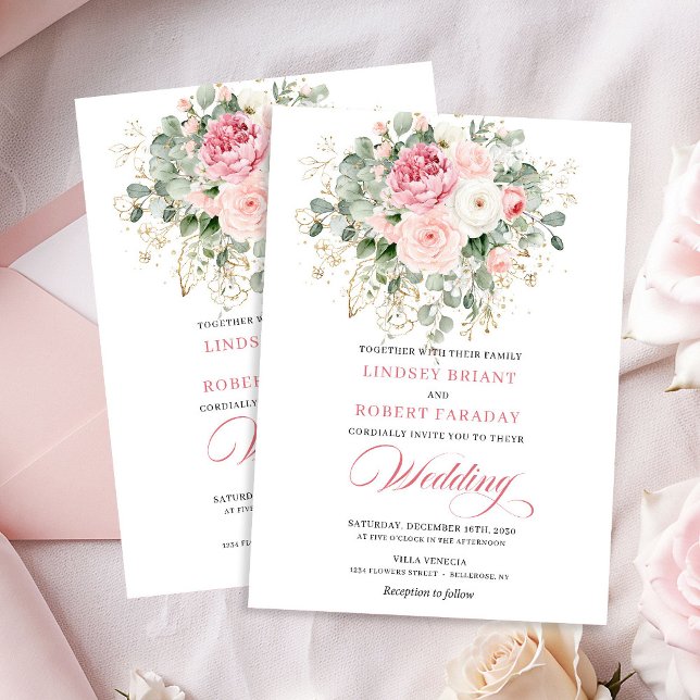 Bohemian Blush Roses Gold Frame Wedding Invitation (Bohemian Blush Roses Gold Frame Wedding Invitation)