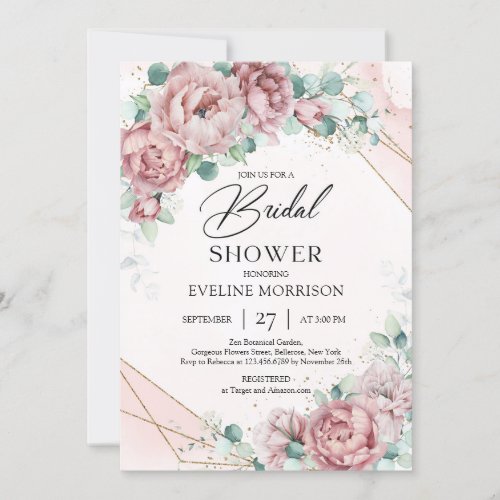 Bohemian blush roses peonies eucalyptus gold frame invitation