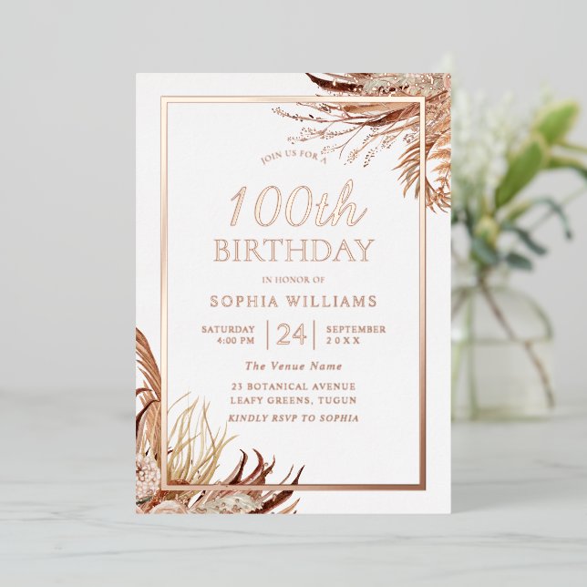 Bohemian Boho 100th Birthday Party Rose Gold Foil Invitation (Standing Front)