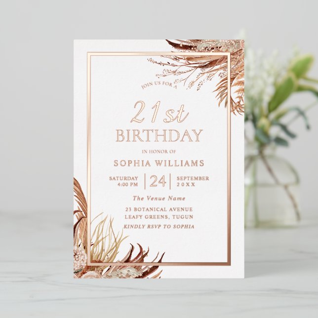 Bohemian Boho 21st Birthday Party Rose Gold  Foil Invitation (Standing Front)