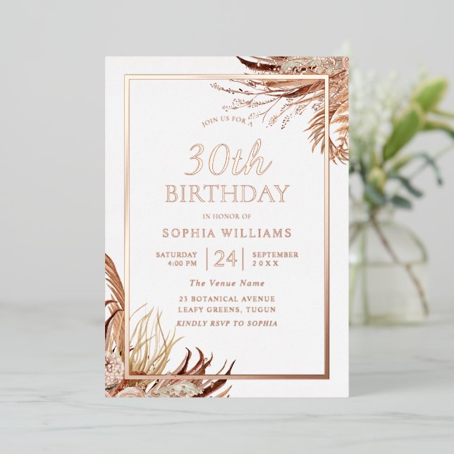 Bohemian Boho 30th Birthday Party Rose Gold Foil Invitation (Standing Front)