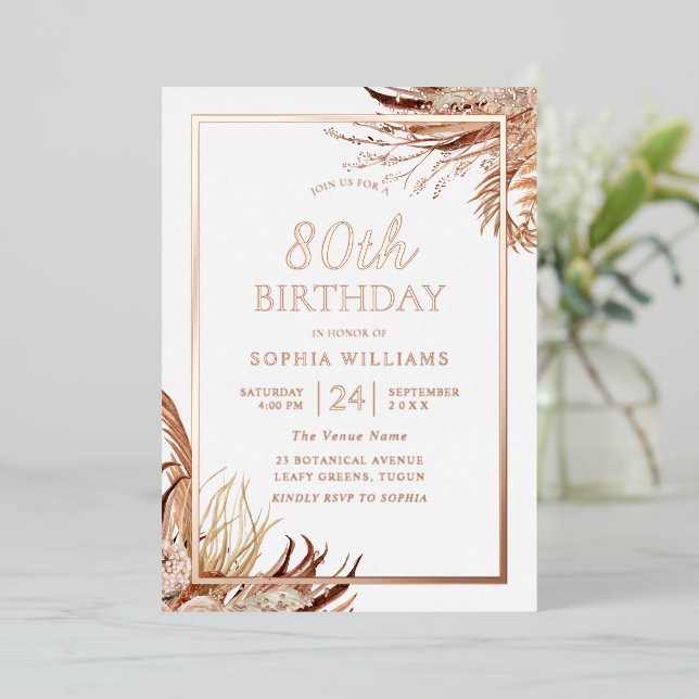 Bohemian Boho 80th Birthday Party Rose Gold Foil Invitation (Standing Front)