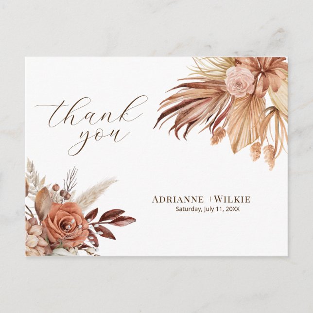 Bohemian Boho Autumn Pampas Wedding Thank You Postcard (Front)