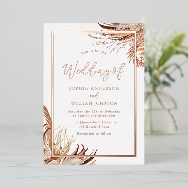 Bohemian Boho Elegant Wedding Rose Gold Foil Invitation (Standing Front)