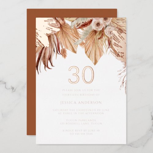 Bohemian Boho Floral 30th Birthday Party Rose Gold Foil Invitation