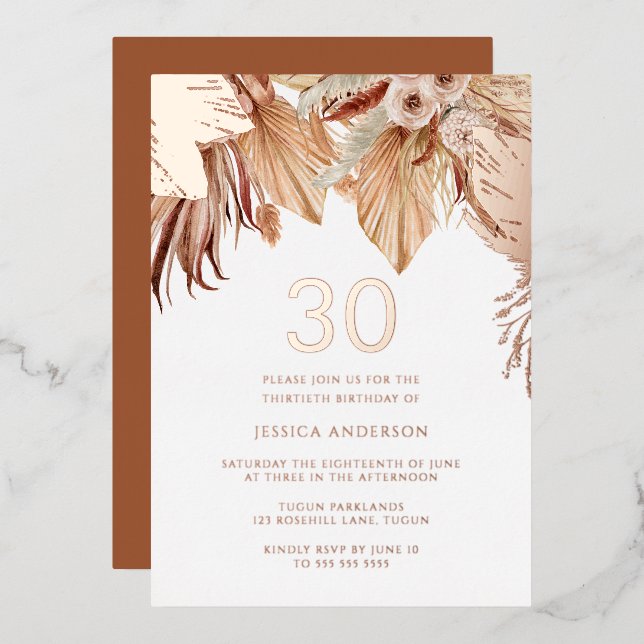 Bohemian Boho Floral 30th Birthday Party Rose Gold Foil Invitation (Front/Back)