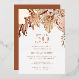 Bohemian Boho Floral 50th Birthday Party Rose Gold Foil Invitation