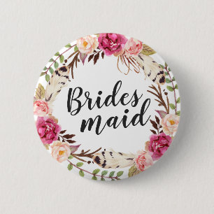 Bohemian Boho Floral Wreath Calligraphy Bridesmaid Pinback Button