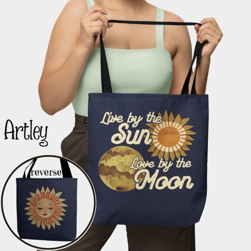 Bohemian Boho Folk Art Moon Sun Celestial Navy  Tote Bag