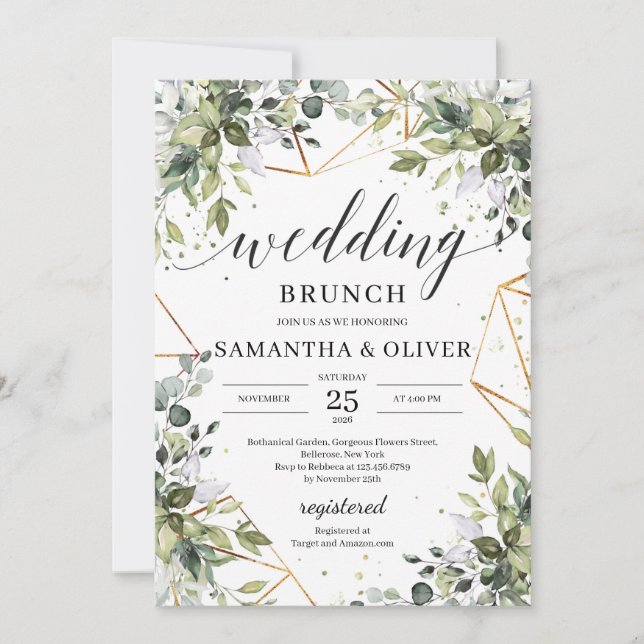 Bohemian boho greenery foliage gold frames wedding invitation (Front)