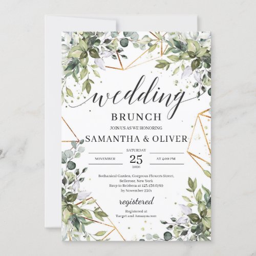 Bohemian boho greenery foliage gold frames wedding invitation