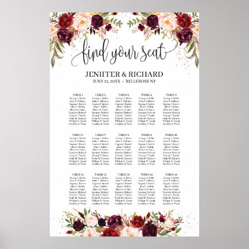 Bohemian boho marsala pink floral seating chart