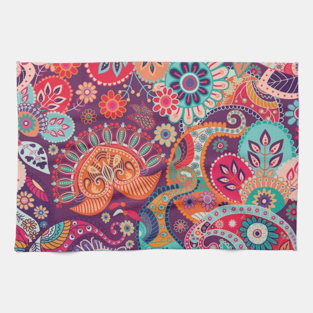 Bohemian Boho MOD Hippy Chic Flower Pattern Kitchen Towel (Horizontal)