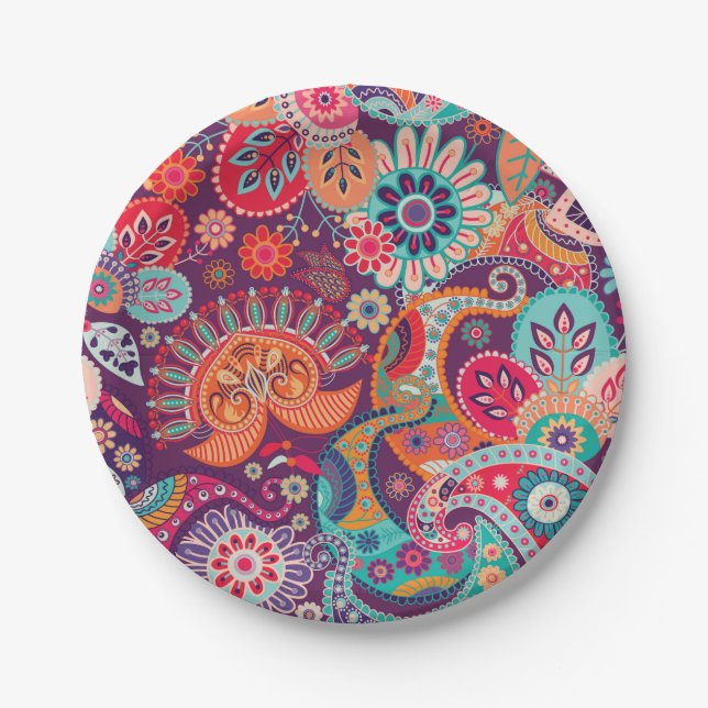 Bohemian Boho MOD Hippy Chic Flower Pattern Paper Plates (Front)