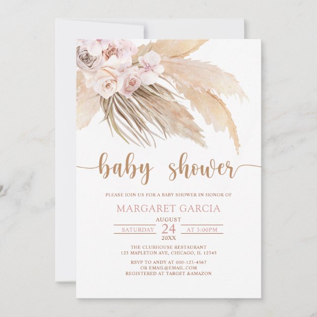 Bohemian Boho Pampas Grass Baby Shower Invitation (Front)