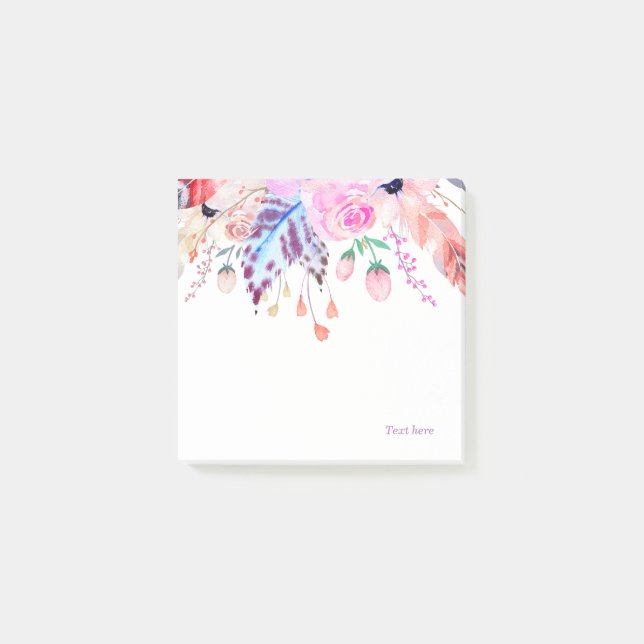 bohemian, boho, pink, floral, feather, trendy, post-it notes (Front)