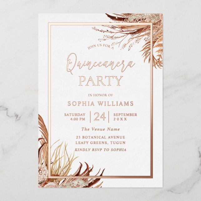 Bohemian Boho Quinceanera Party Rose Gold Foil Invitation (Front)