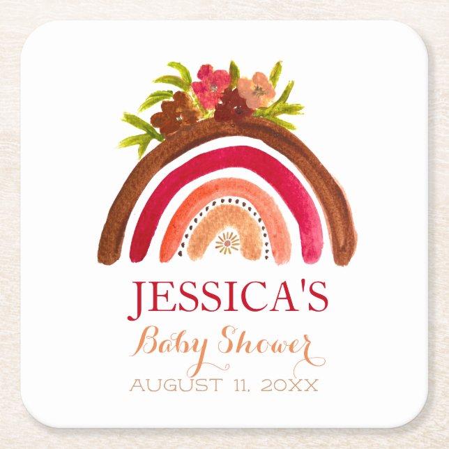 Bohemian Boho Rainbow Baby Shower Earthy Cute Square Paper Coaster (Front)